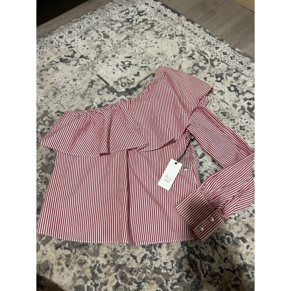 NWT Active Usa Women's Red Striped One Shoulder Blouse Size Medium